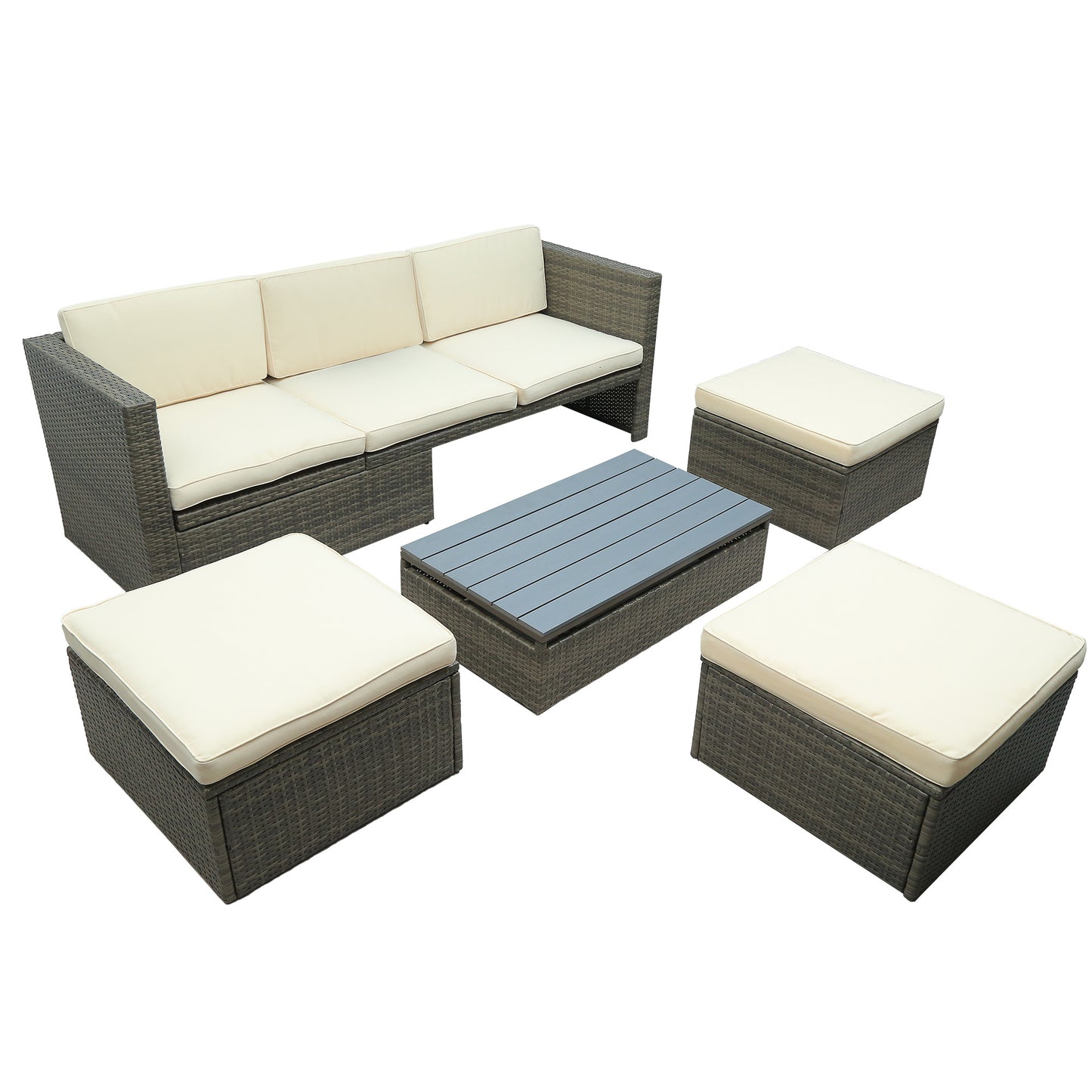 5-piece patio wicker sofa set cushions; ottomans and lift top coffee table included