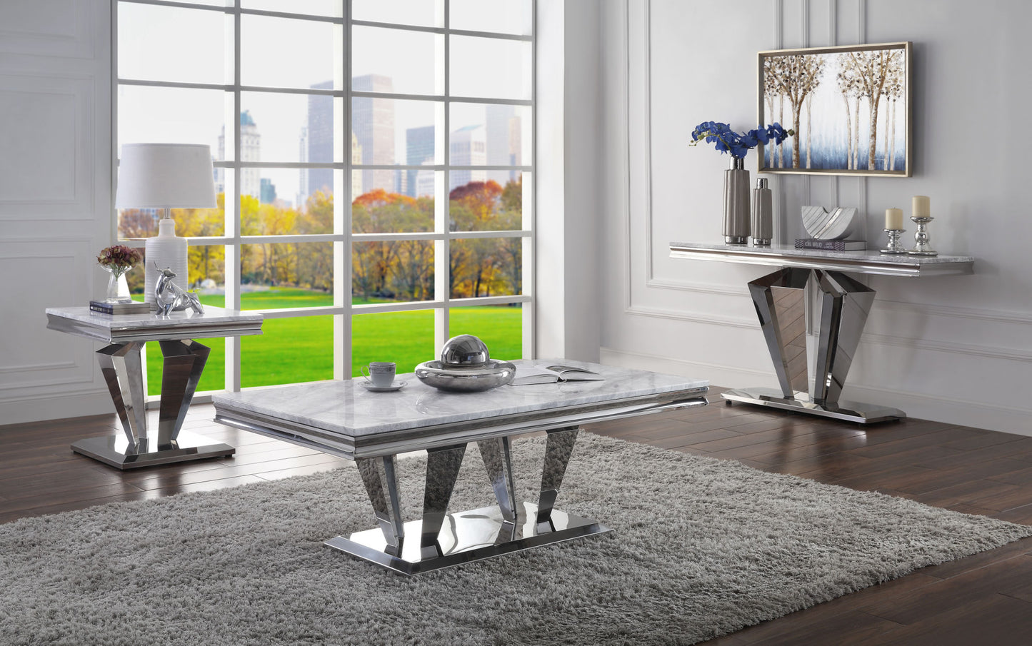 acme satinka coffee table, light gray printed faux marble & mirrored silver finish