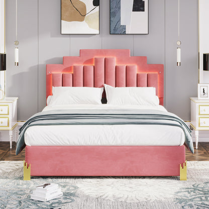 Irregular Upholstered Platform Bed with LED Lights and 4 Drawers, Pink