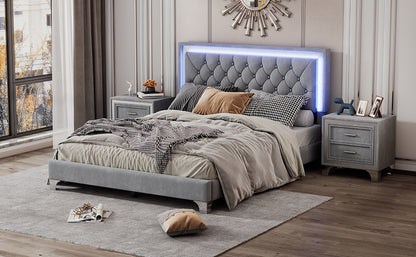 3-Pieces Upholstered Platform Bed with LED Lights and Two Nightstands-Gray