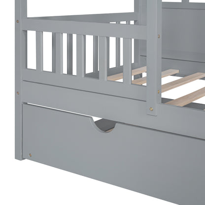 Wood House Bed With Twin Size Trundle, Gray