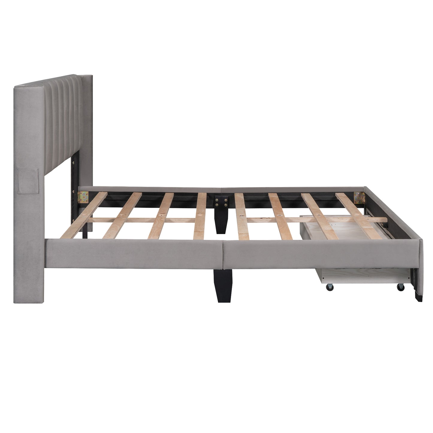 velvet upholstered platform bed with a big drawer - gray