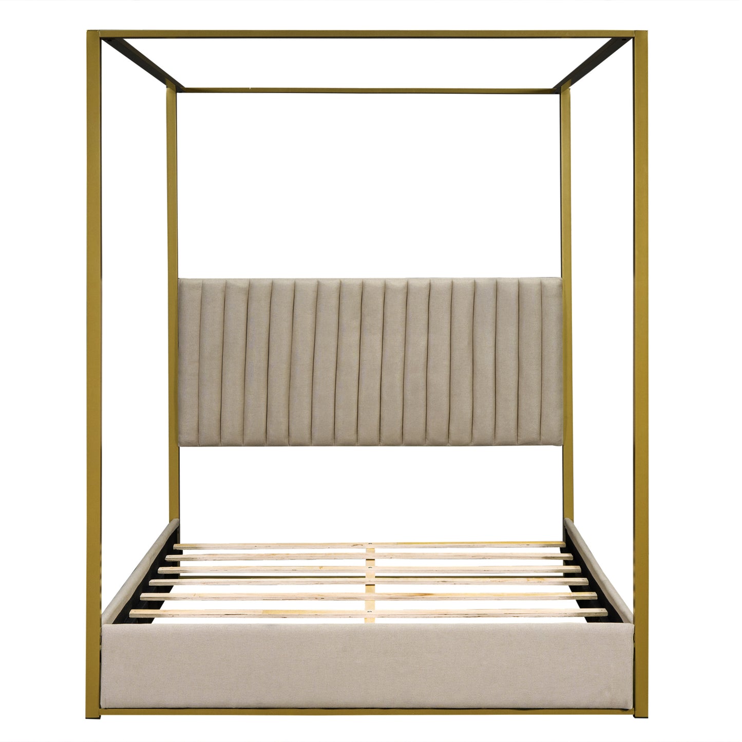 queen size upholstery canopy platform bed with headboard and metal frame, beige