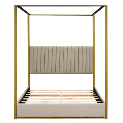 Queen Size Upholstery Canopy Platform Bed with Headboard and Metal Frame, Beige