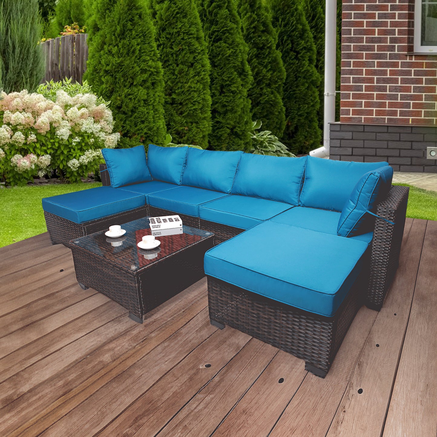 7 pieces outdoor patio sectional sofa couch set with washable cushions & glass coffee table