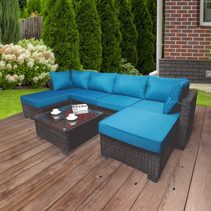 7 Pieces Outdoor Patio Sectional Sofa Couch Set with Washable Cushions & Glass Coffee Table