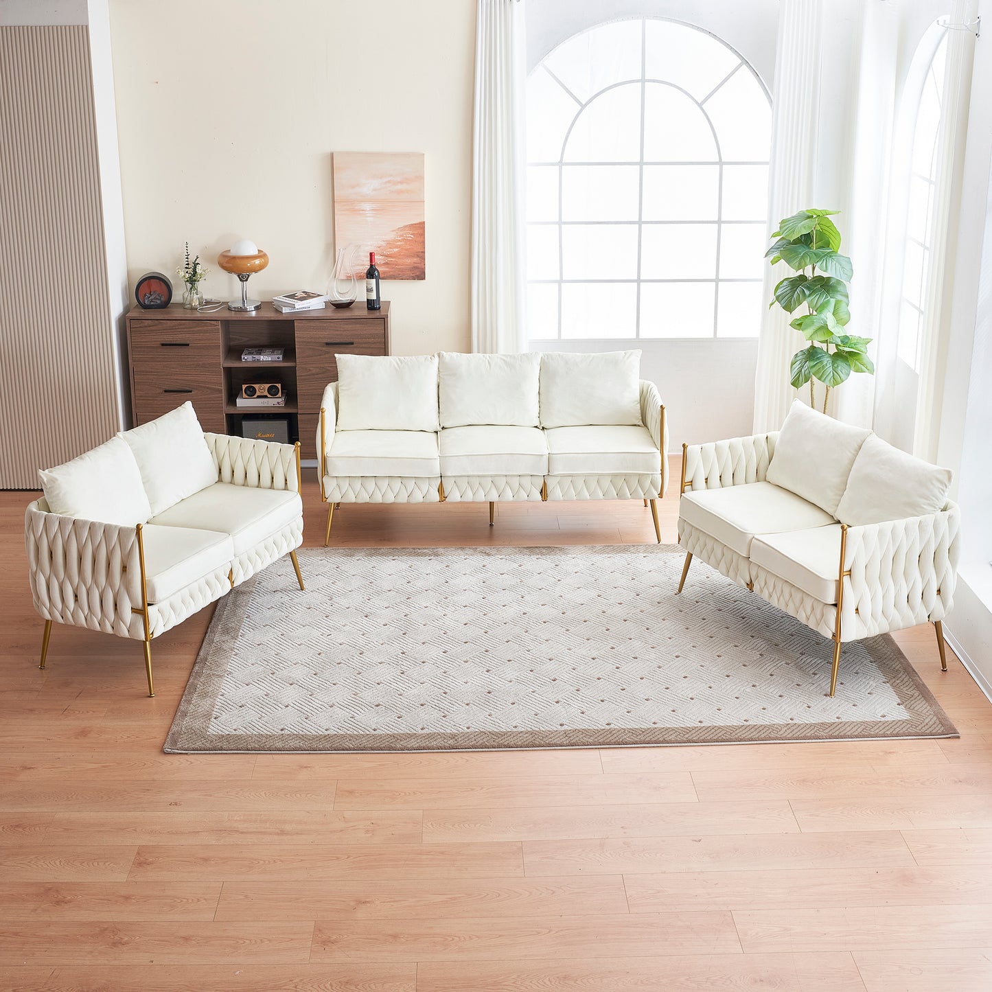 3 piece modern velvet upholstered set, cream white velvet