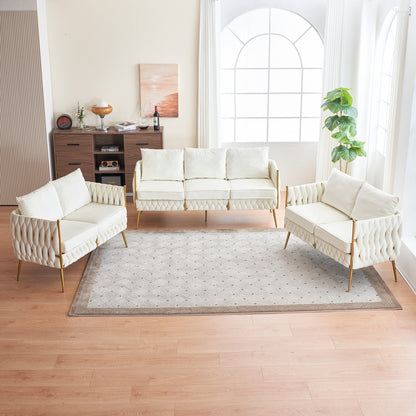3 Piece Modern Velvet Upholstered Set, Cream White Velvet