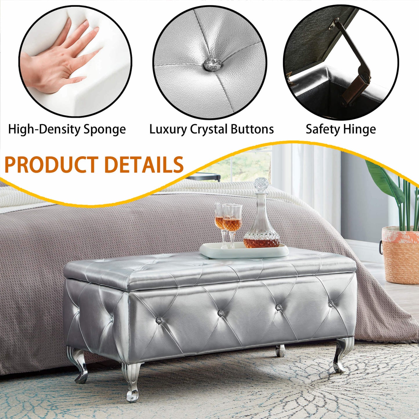 upholstered storage ottoman, silver