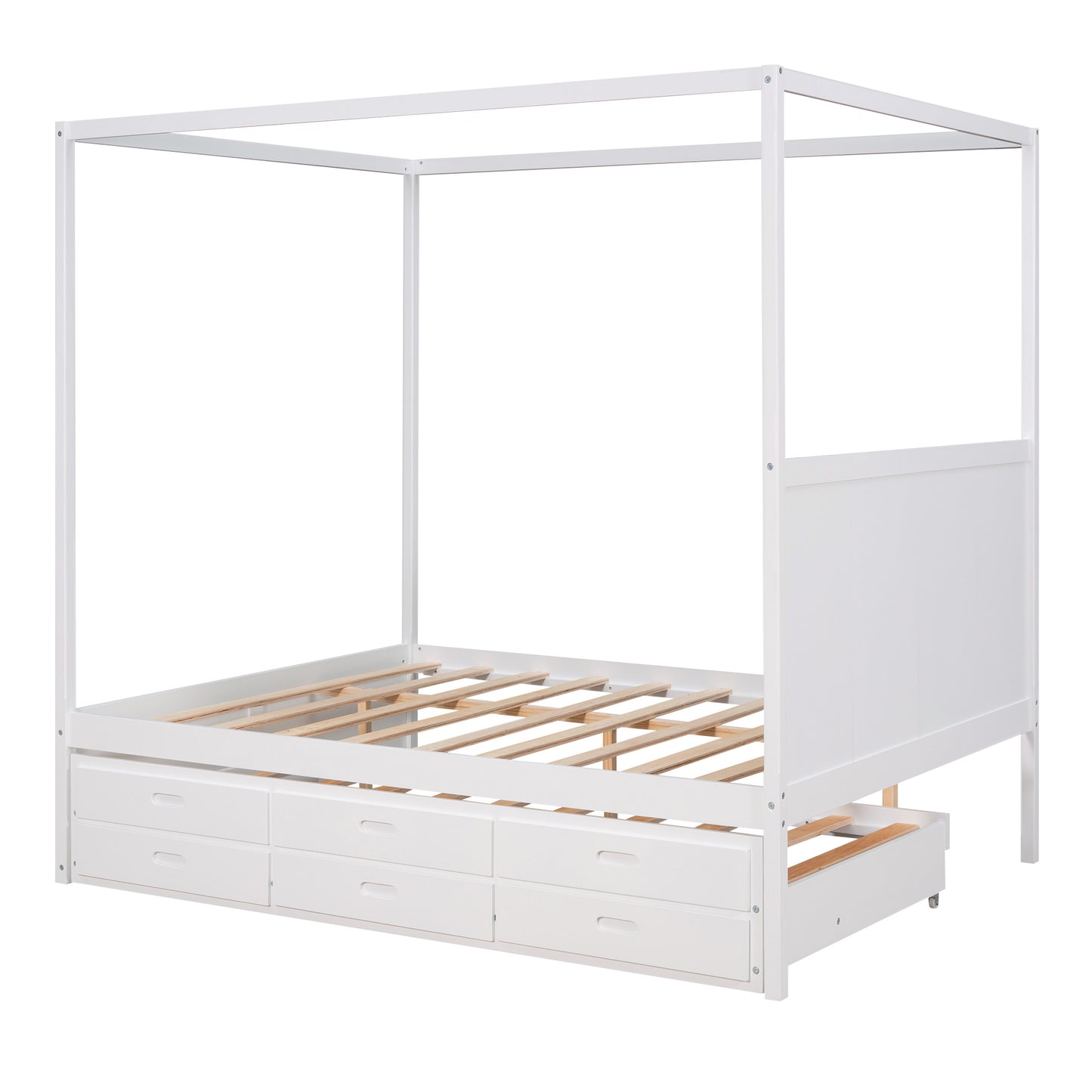 queen size canopy platform bed with twin size trundle and three storage drawers,white