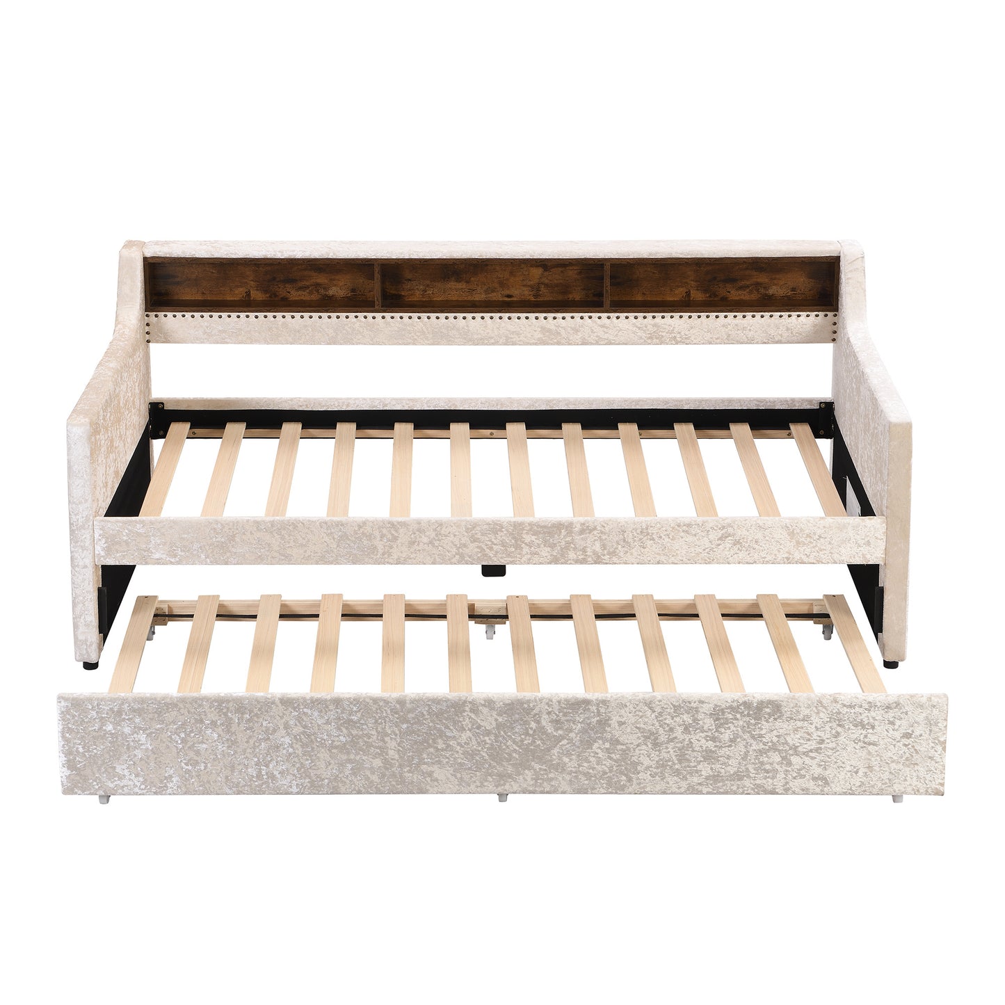 twin size snowflake velvet bed with built-in storage shelves, beige