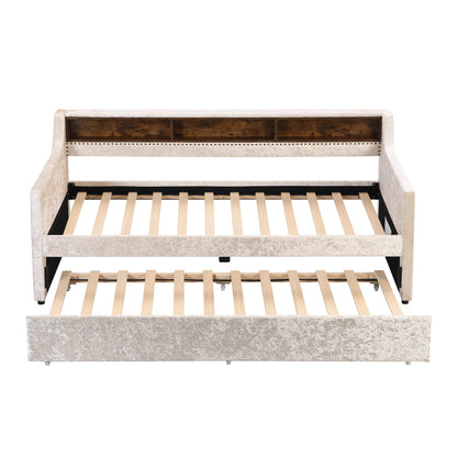 Twin Size Snowflake Velvet Bed with Built-in Storage Shelves, Beige