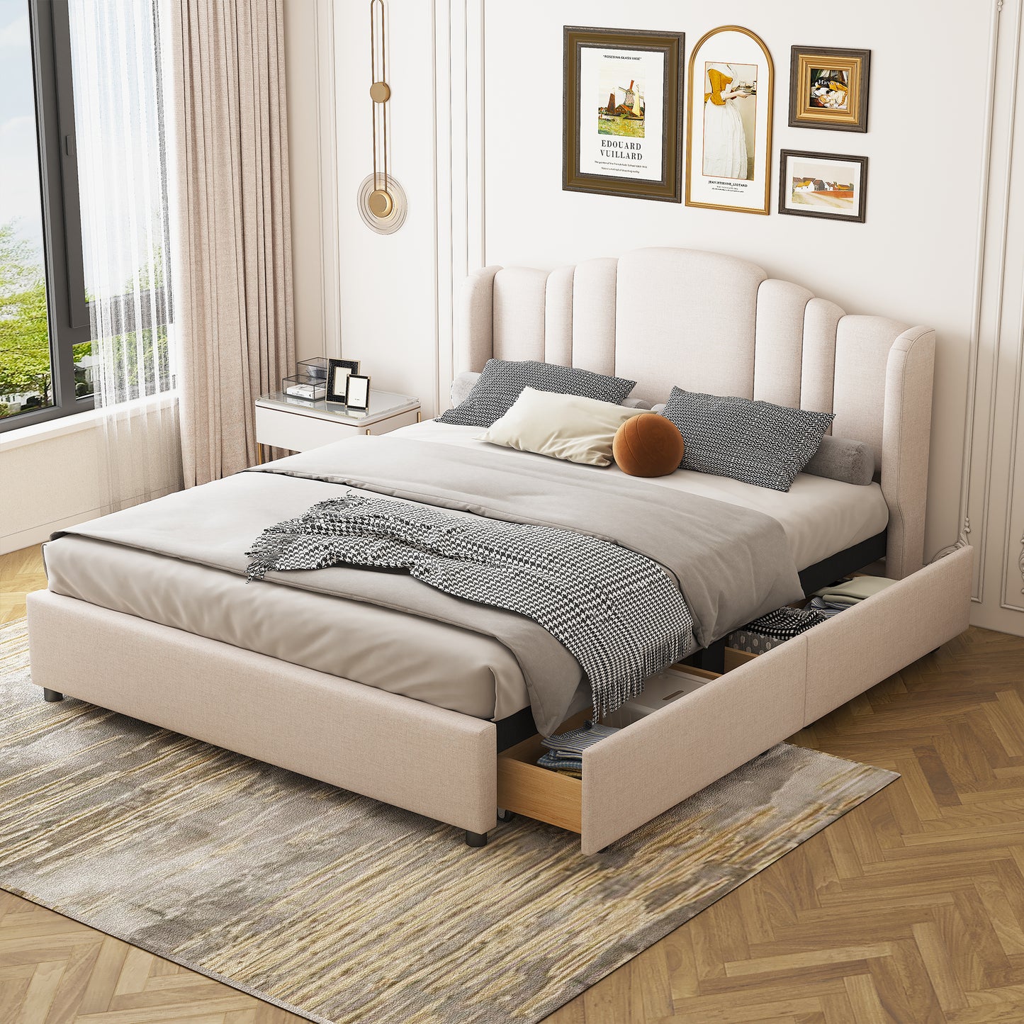 mie upholstered platform bed with wingback headboard and 4 drawers