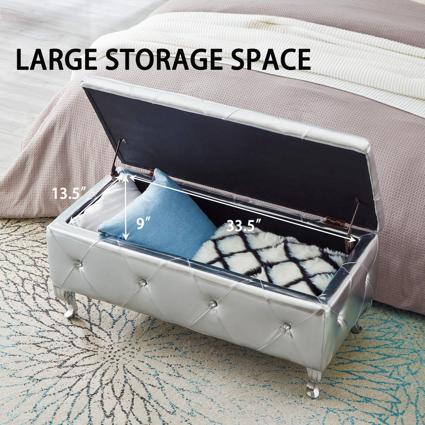 upholstered storage ottoman, silver