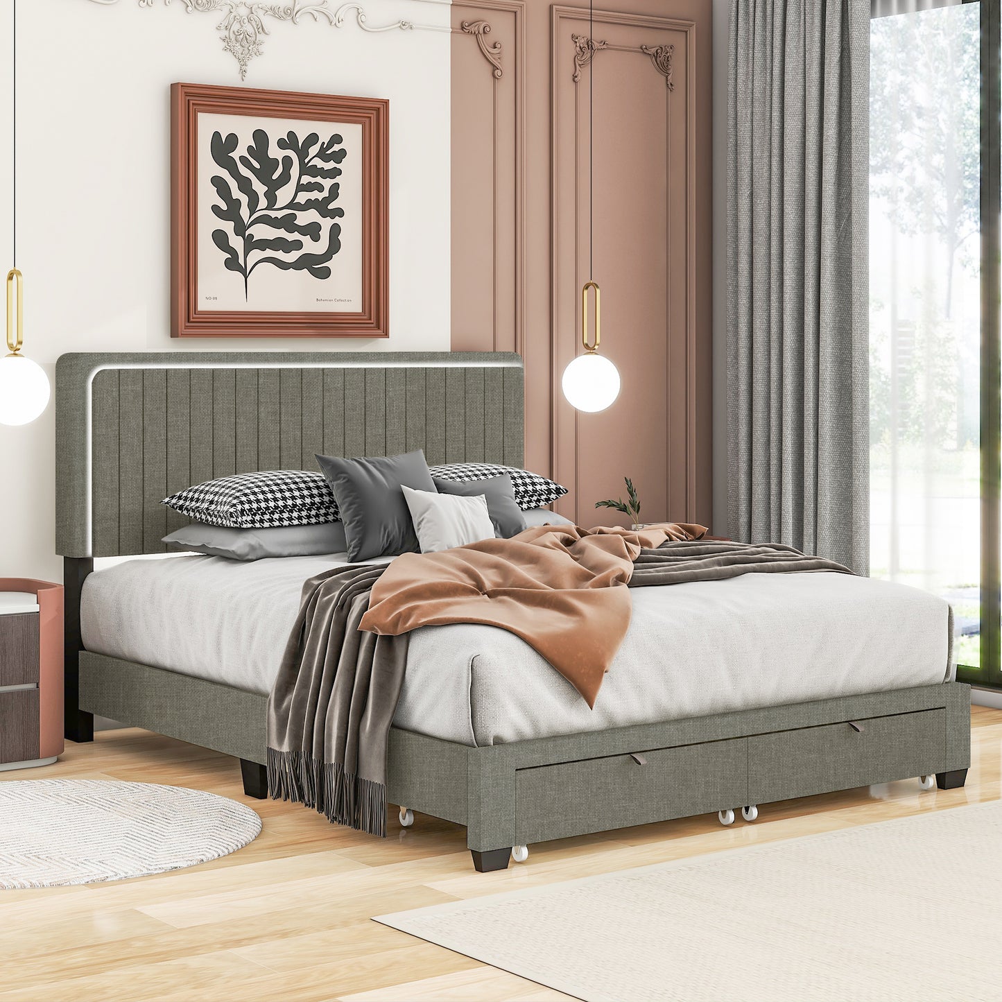 queen size upholstered bed with adjustable height  storage