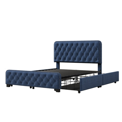Upholstered Platform Bed Frame with Four Drawers, Blue