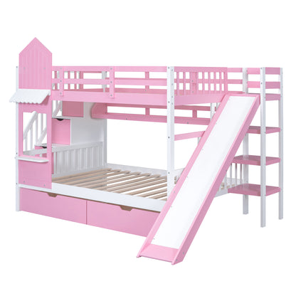 Full-Over-Full Castle Style Bunk Bed with 2 Drawers 3 Shelves and Slide - Pink