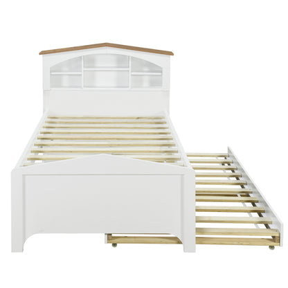 House-shaped Bed with Storage Headboard and Trundle, White