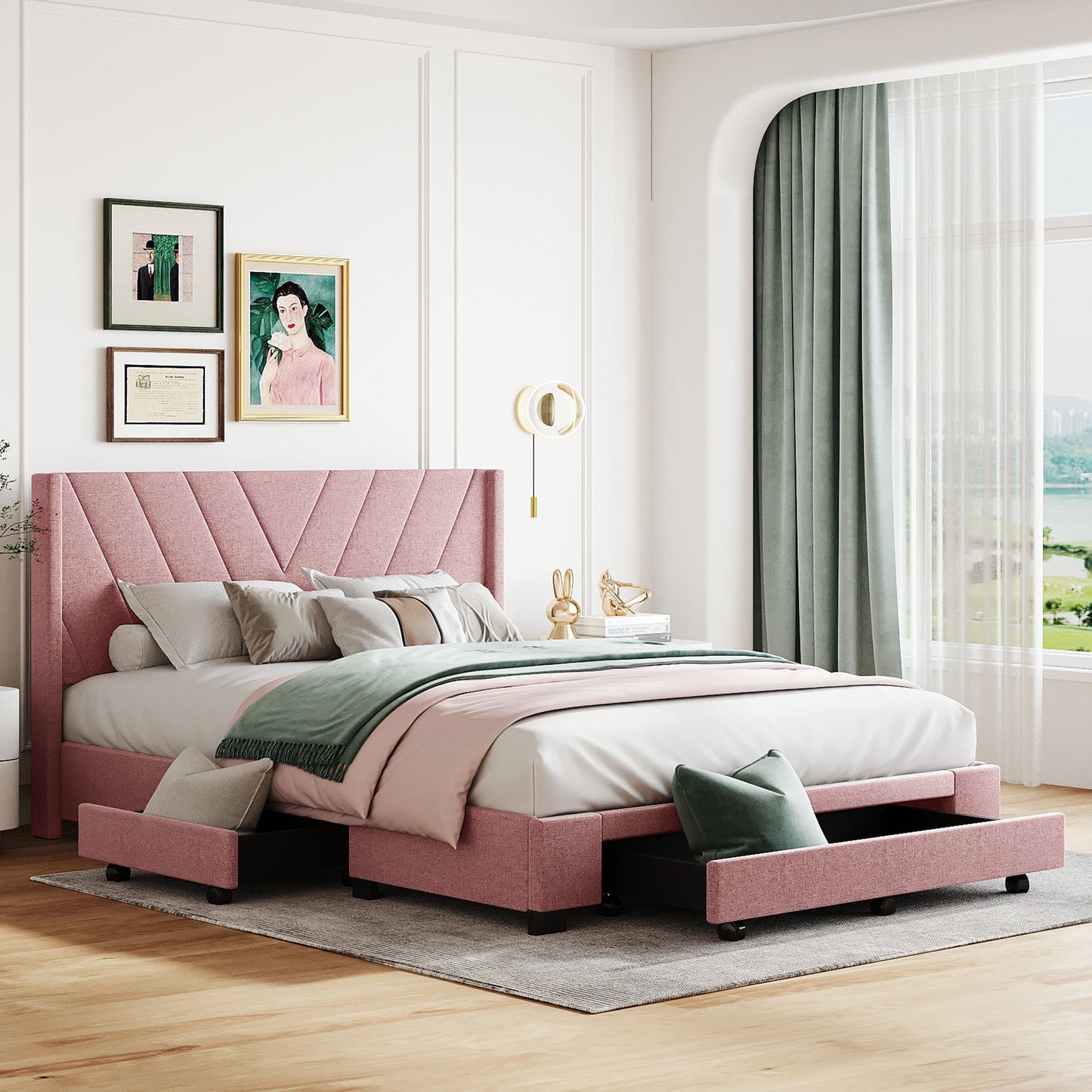 amber storage bed linen upholstered platform bed with 3 drawers (pink)