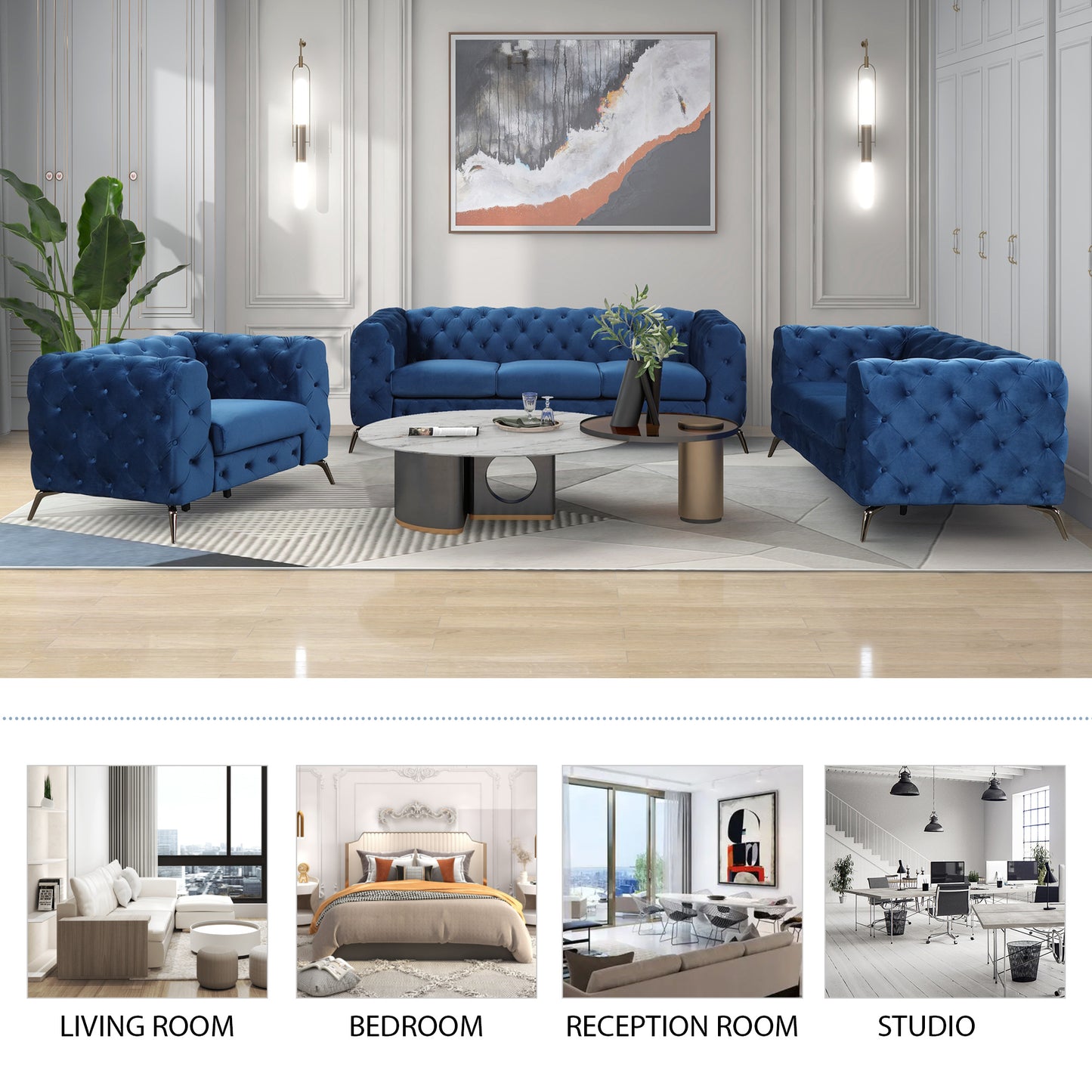 sara velvet upholstered sofa blue