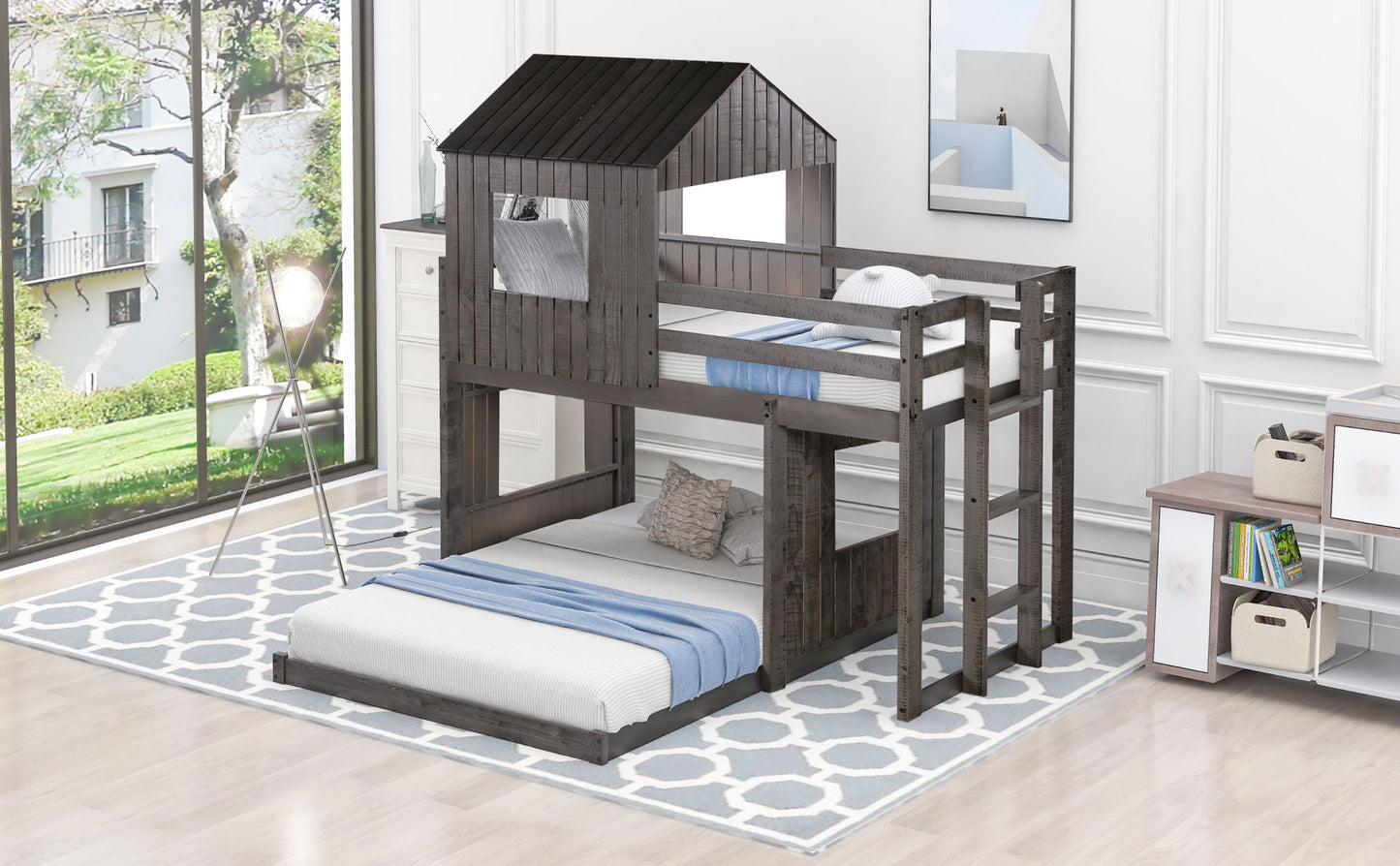 loft bed with playhouse, farmhouse, ladder and guardrails , antique gray