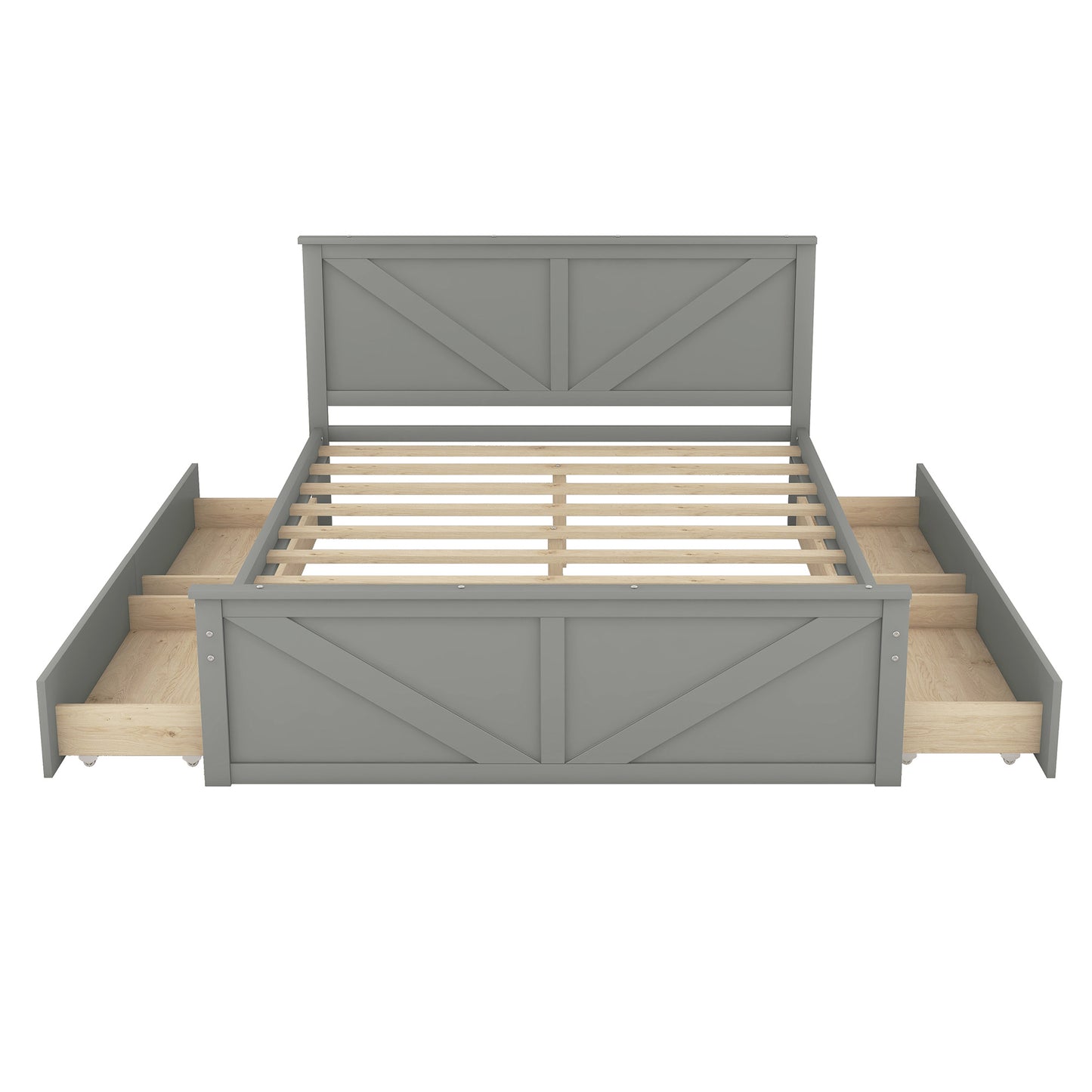 country wooden platform bed with four storage drawers