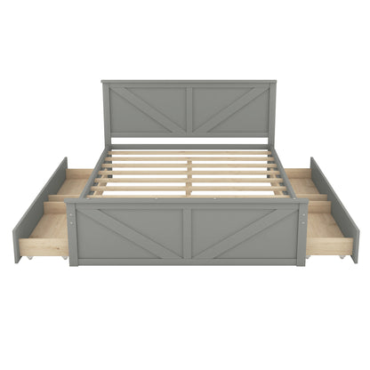 Country Wooden Platform Bed with Four Storage Drawers
