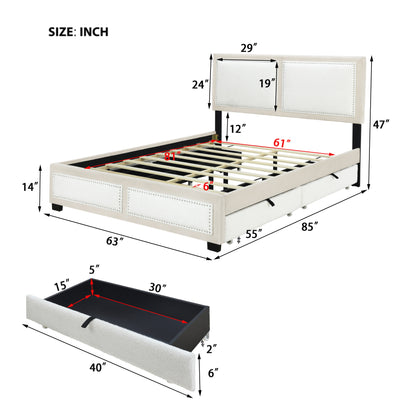 Teddy Upholstered Platform Bed with Large Rivet-decorated Backrests and 4 Drawers, Velvet Beige+White