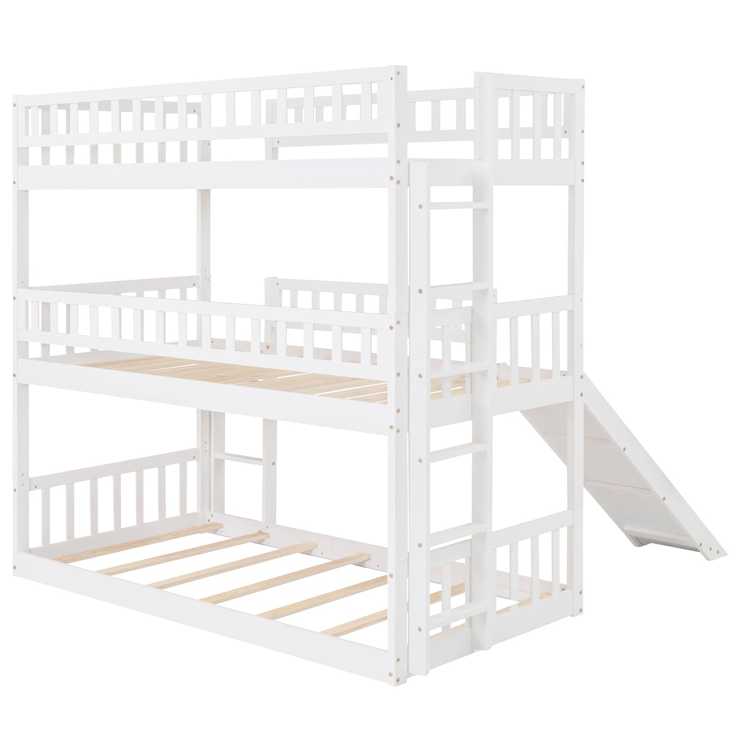 twin-over-twin-over-twin triple bed with built-in ladder and slide