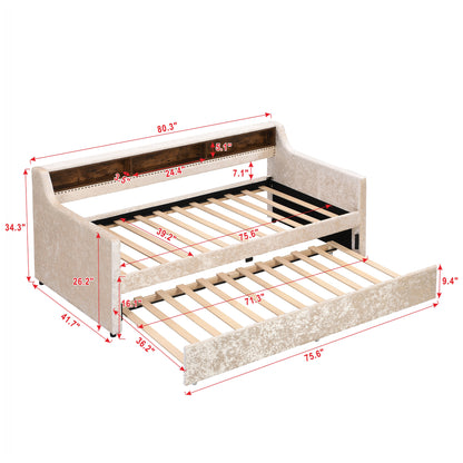 Twin Size Snowflake Velvet Bed with Built-in Storage Shelves, Beige