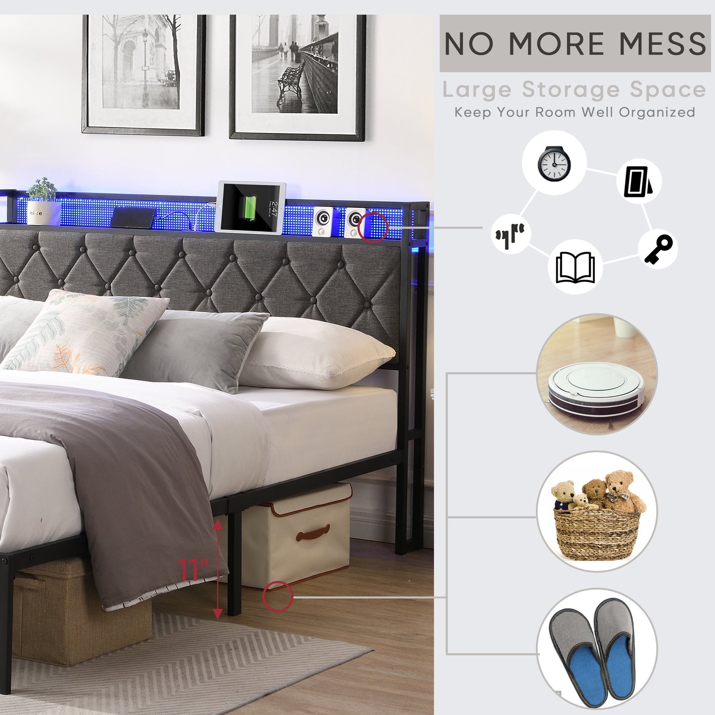 queen bed frame with storage headboard, charging station and led lights,dark gray