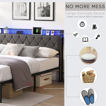 Queen Bed Frame with Storage Headboard, Charging Station and LED Lights,Dark Gray