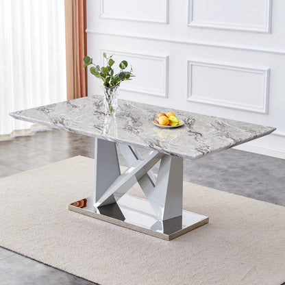 MDF Faux Marble Dining Table with White Double V-Shaped Support