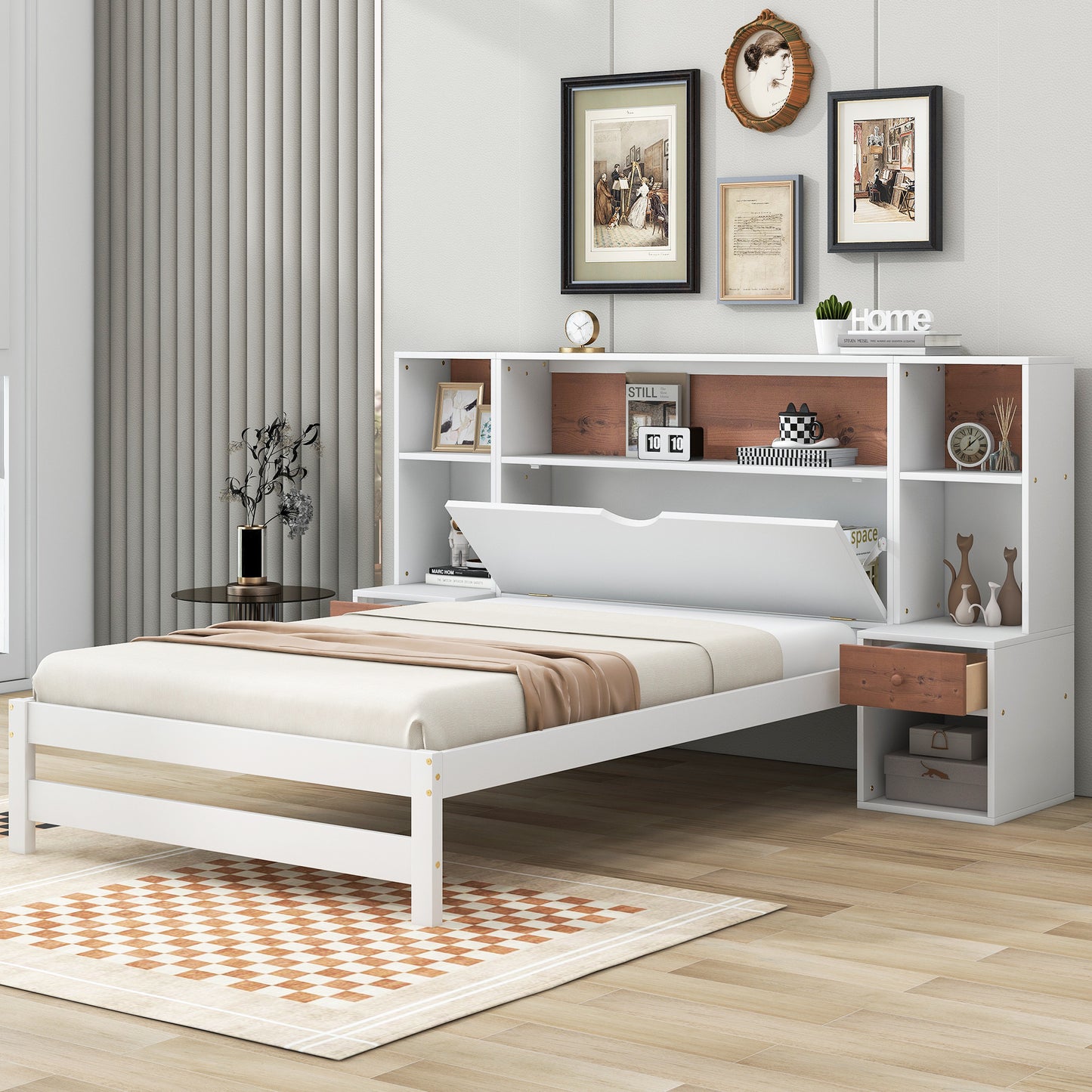 twin size platform bed with storage headboard and drawers, white
