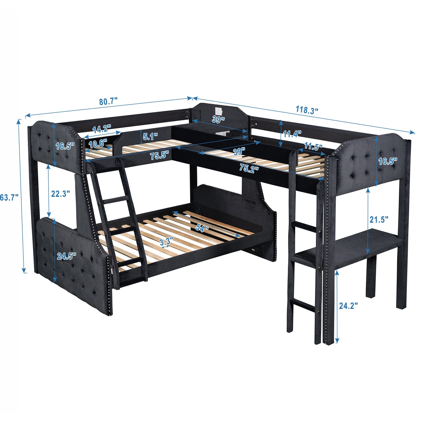 l-shaped twin over full bunk bed and twin sie loft bed with desk
