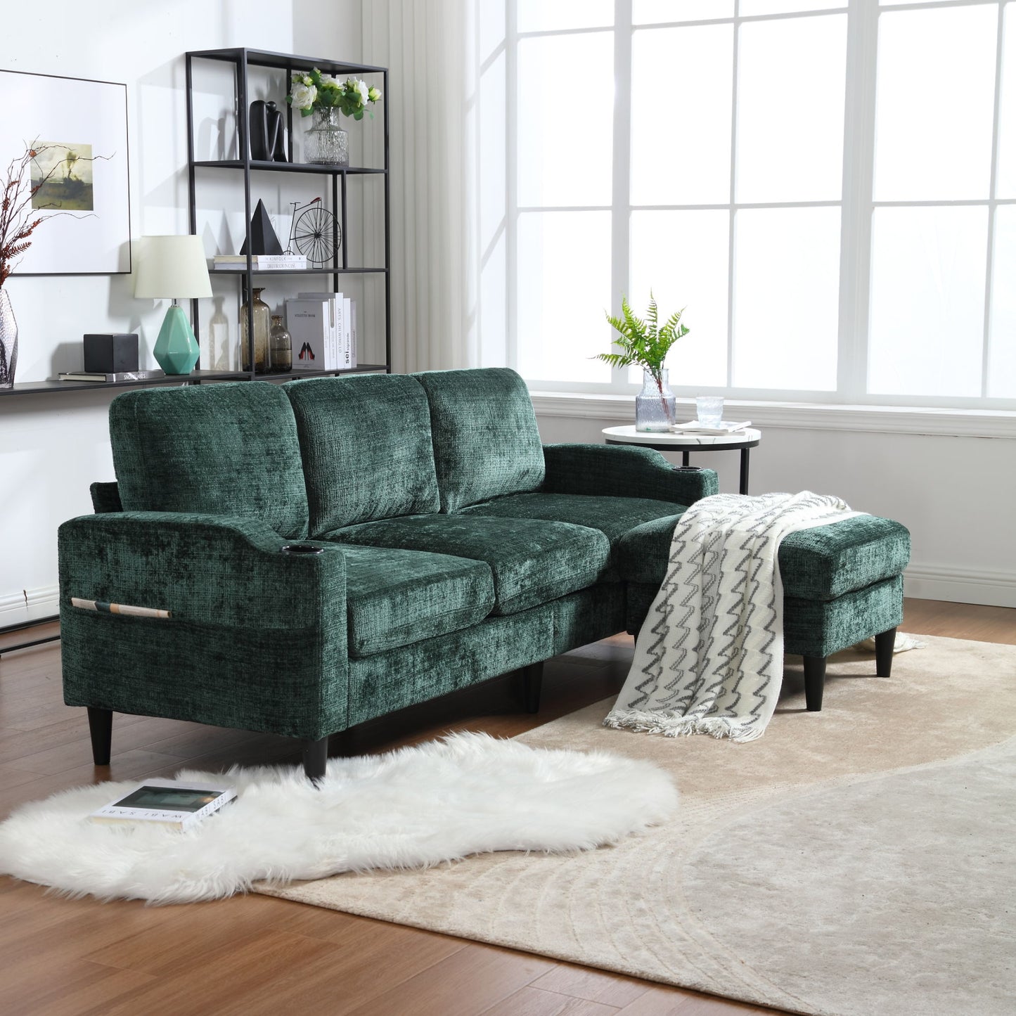 zara storage/ cupholder sectional sofa, green