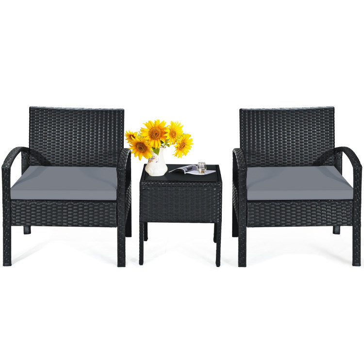 3 pieces outdoor rattan patio conversation set with seat cushions