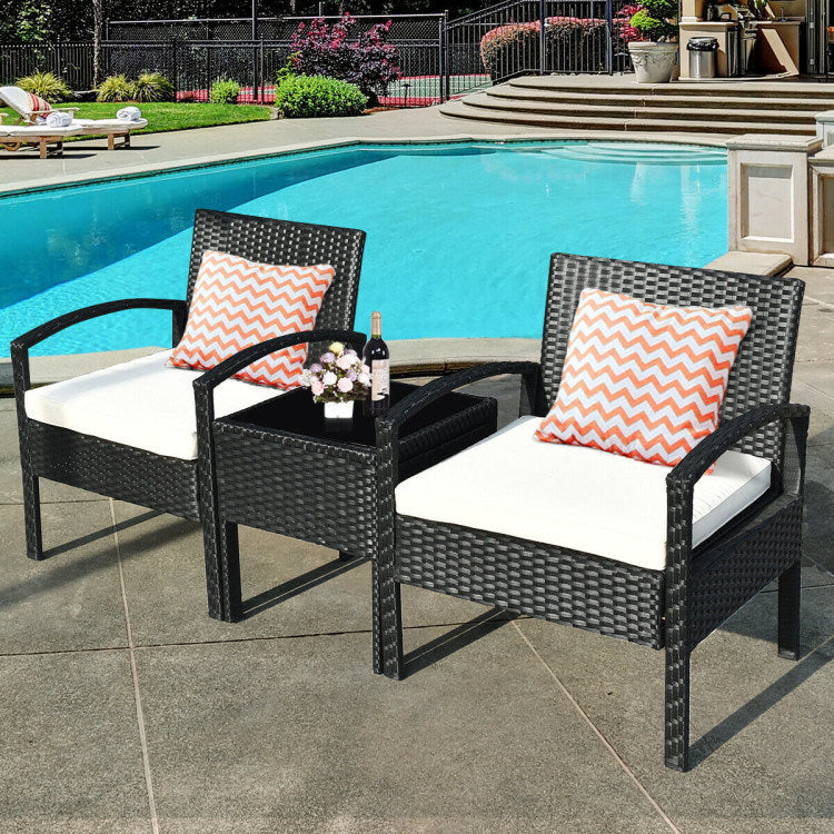 3 pieces outdoor rattan patio conversation set with seat cushions