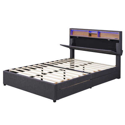 Upholstered Bed with Storage Headboard, LED, USB Charging and 2 Drawers