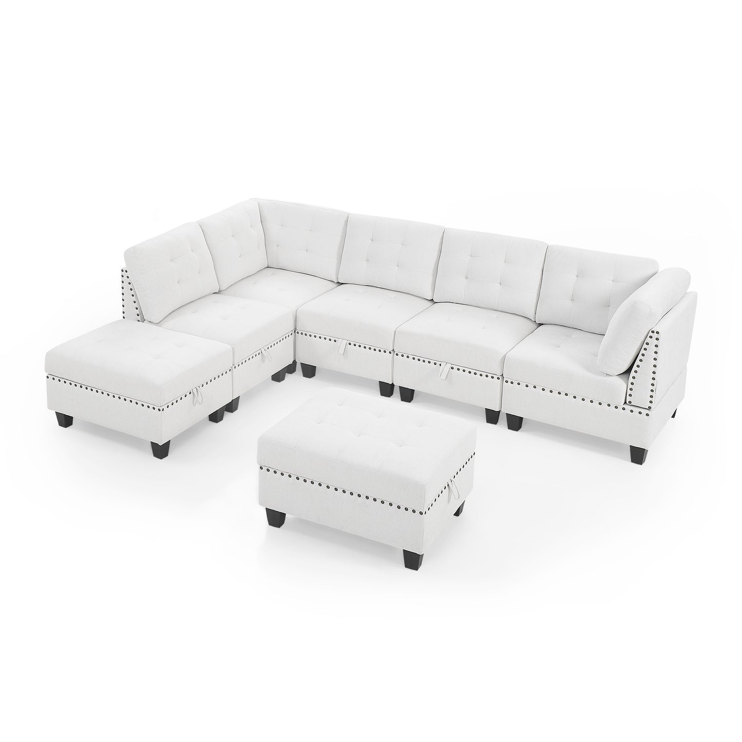 l shape modular sectional sofa includes 2 ottomans, ivory chenille