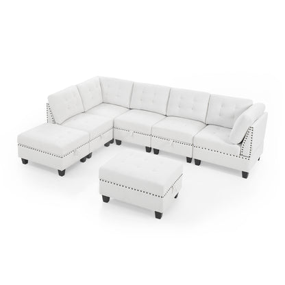 L shape Modular Sectional Sofa includes 2 Ottomans, Ivory Chenille