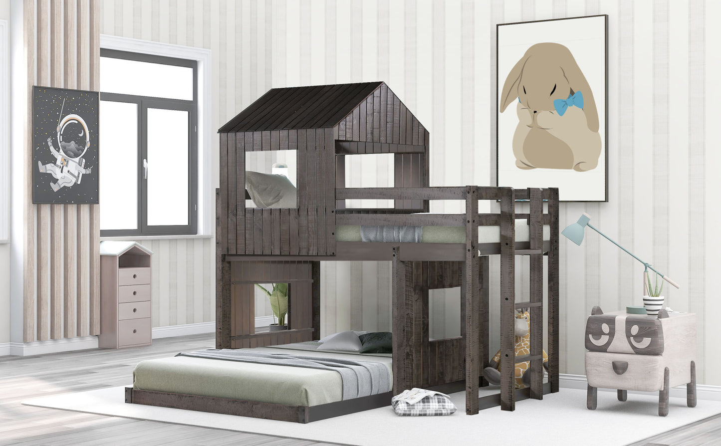 loft bed with playhouse, farmhouse, ladder and guardrails , antique gray