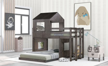Loft Bed with Playhouse, Farmhouse, Ladder and Guardrails , Antique Gray