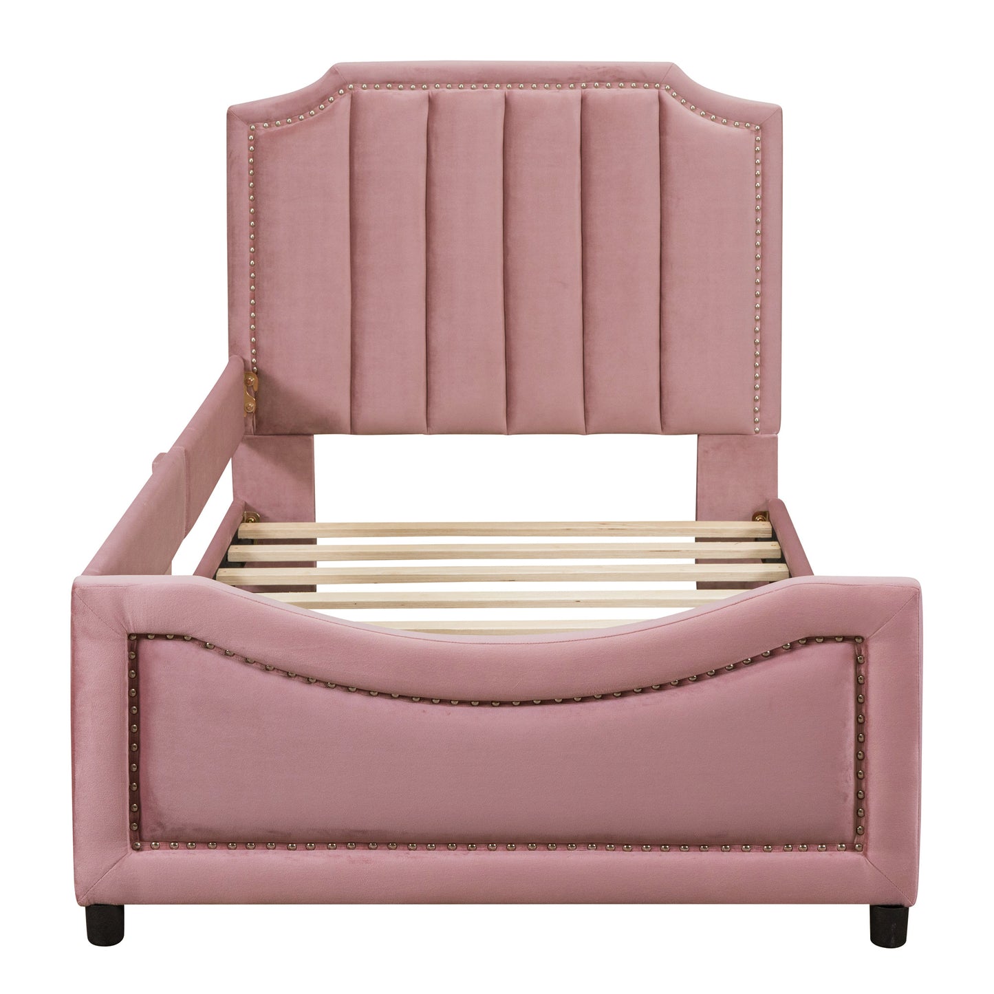 twin size upholstered daybed with classic stripe shaped headboard, pink