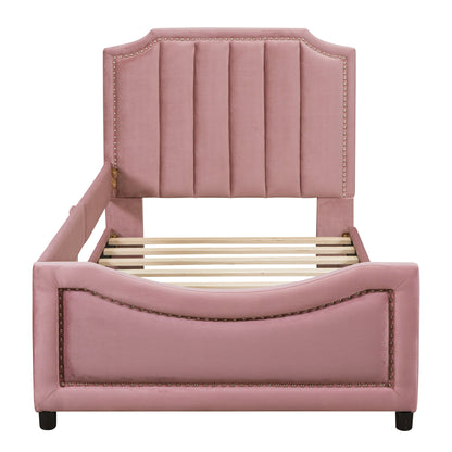 Twin Size Upholstered Daybed with Classic Stripe Shaped Headboard, Pink