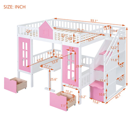 Full-Over-Full Bunk Bed with Changeable Table, Pink