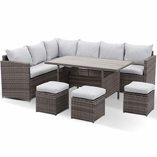 7-pieces pe rattan wicker patio dining sectional cusions sofa set with grey cushions