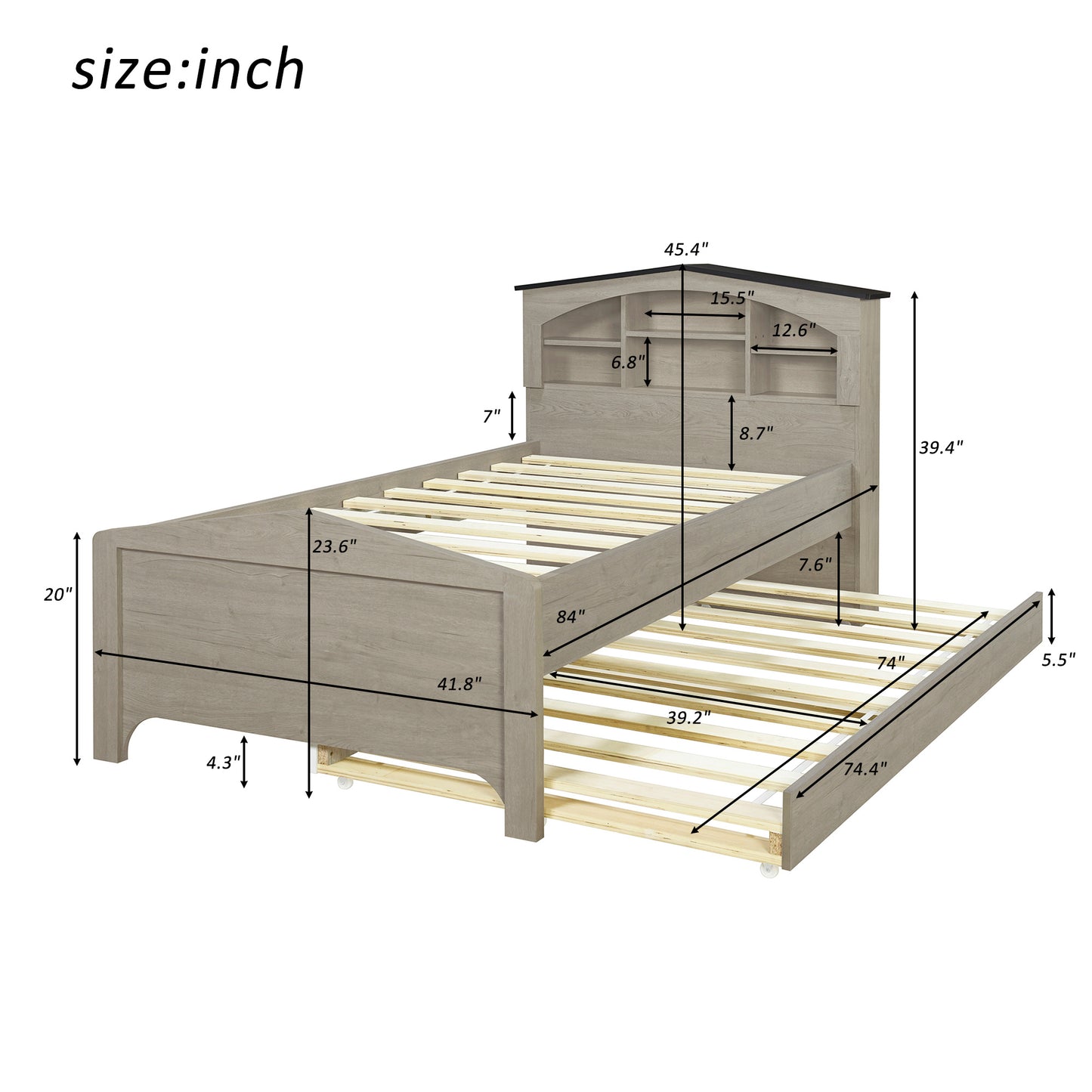 house-shaped bed with storage headboard and trundle, gray