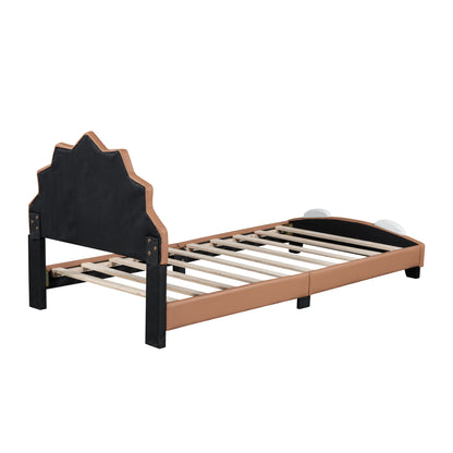 Upholstered Leather Platform Bed with Lion-Shaped Headboard, Brown