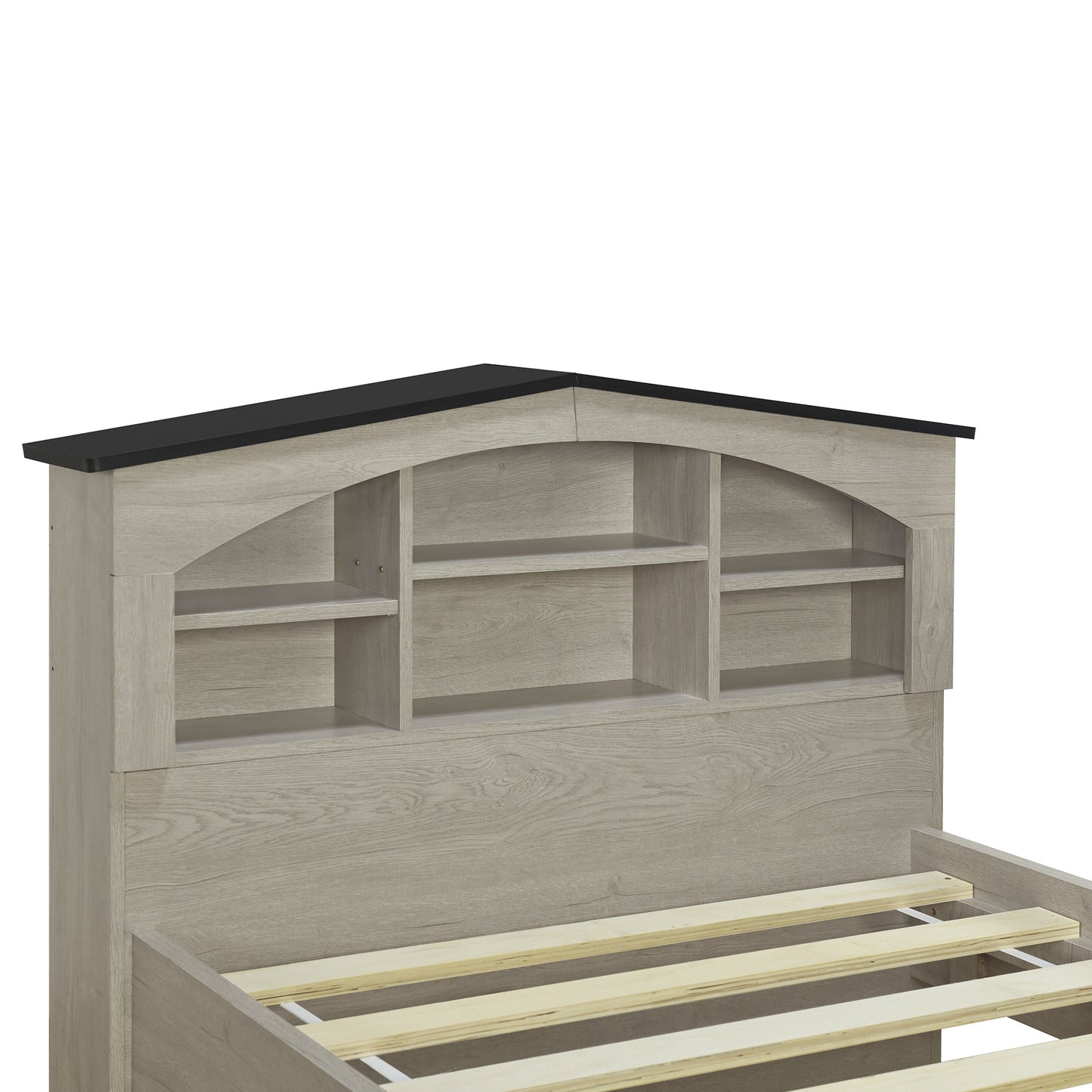house-shaped bed with storage headboard and trundle, gray